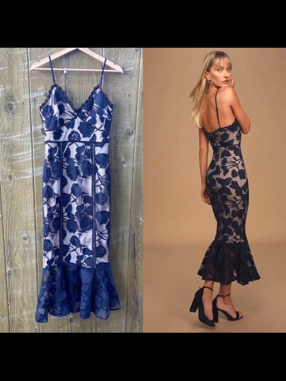 Navy Blue Floral Mesh Lace Bustier Trumpet Midi Dress 🌿
